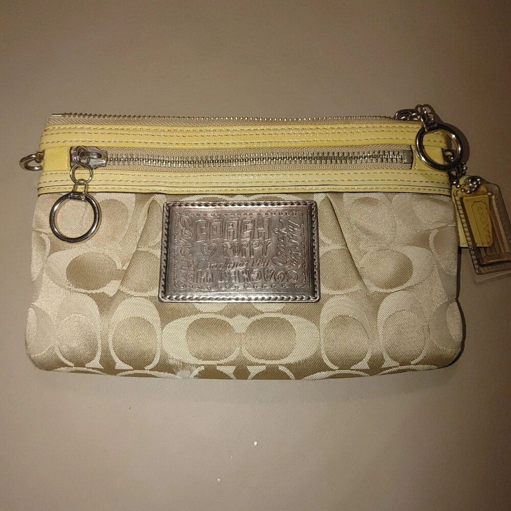 Coach Signature Logo Poppy Beige Yellow Crossbody Wristlet Purse Convertible - Picture 11 of 11
